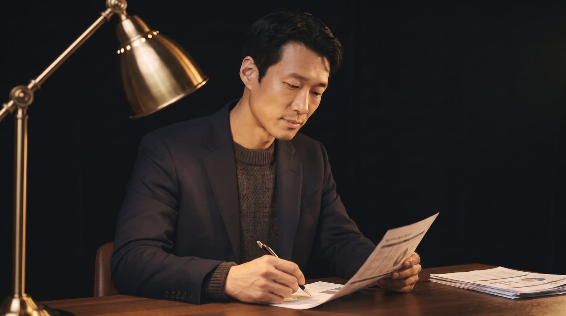 램프 아래에서 리포트를 검토하는 투자심리 애널리스트 하람